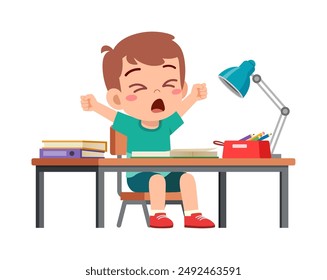 little kid study on desk and feel sleepy