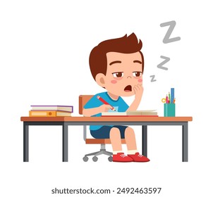 little kid study on desk and feel sleepy