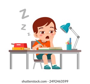 little kid study on desk and feel sleepy