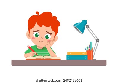 little kid study on desk and feel sad