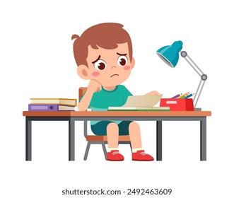 little kid study on desk and feel sad