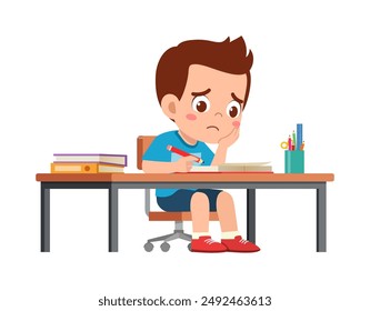 little kid study on desk and feel sad