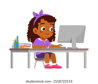 little kid study on desk and do e-learning