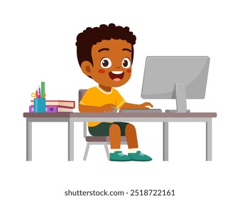 little kid study on desk and do e-learning