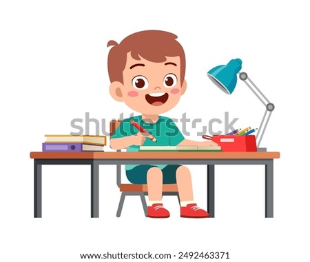 little kid study on desk and feel happy