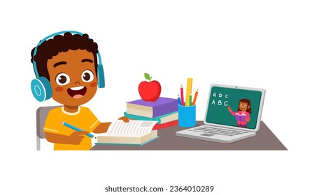 little kid study with teacher via online class