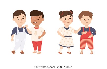 Little Kid Supporting and Comforting Sad Friend Vector Illustration Set