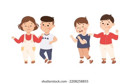 Little Kid Supporting and Comforting Sad Friend Vector Illustration Set