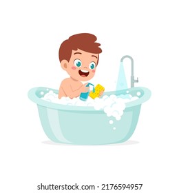 little kid take a bath in the bathtub