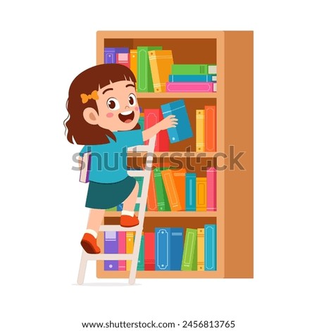 little kid take a book from bookshelf using ladder
