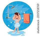 little kid take a shower and wash body