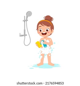 little kid take a shower and wash body