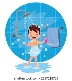 little kid take a shower and wash body