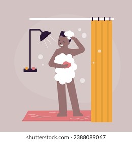 Little kid take a shower and wash body. Young african american boy having shower. Hygiene, daily bathing. Bathroom interior. flat vector illustration