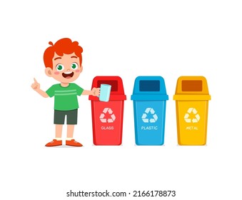little kid throw glass waste to recycle bin