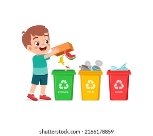 little kid throw organic waste to recycle bin