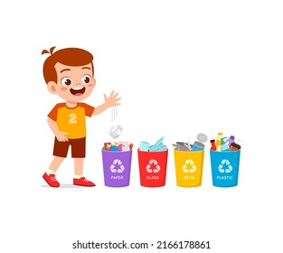 little kid throw paper waste to recycle bin