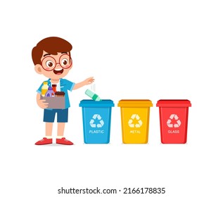 little kid throw plastic waste to recycle bin