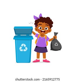 little kid throw trash to trash bin