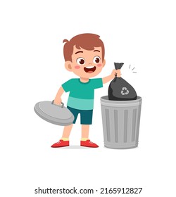 little kid throw trash to trash bin