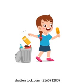 little kid throw trash to trash bin