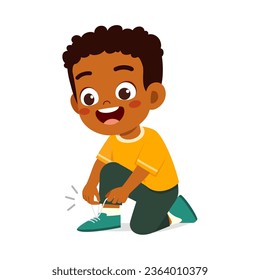 little kid try to tie shoelace and feel happy svg