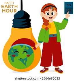 little kid turn off electricity on the planet. Earth hour banner. Happy earth hour day. Happy Earth Hour National Day concept with lights bulb