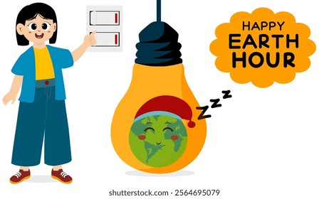 little kid turn off electricity on the planet. Earth hour banner. Happy earth hour day. Happy Earth Hour National Day concept with lights bulb