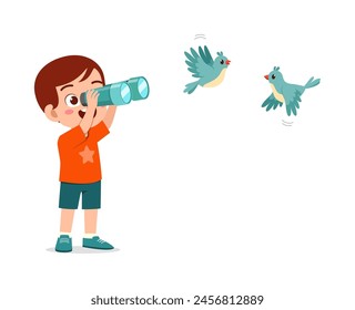 little kid use binocular to see bird fly