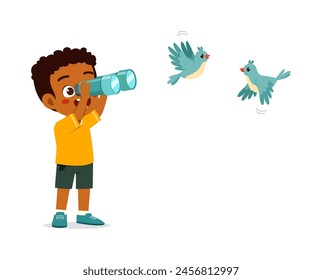 little kid use binocular to see bird fly