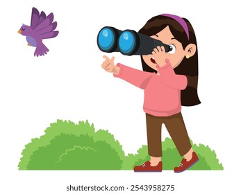 El niño pequeño utiliza binocular para ver la mosca del pájaro. Ilustración vectorial con el fondo blanco.