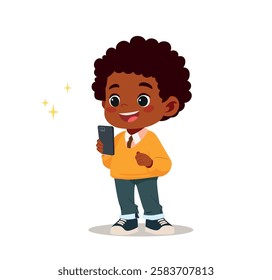 little kid use smartphone and feel happy	