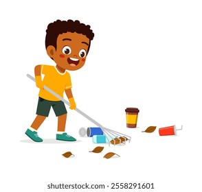 little kid using rake to clean garbage