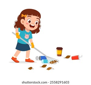 little kid using rake to clean garbage