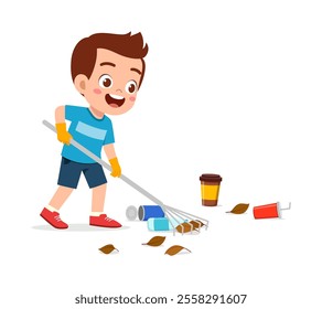 little kid using rake to clean garbage