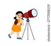 Little kid using telescope for astronomical constellations, moon and planets. vector illustration.