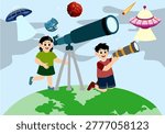 Little kid using telescope for astronomical constellations, moon and planets. vector illustration.