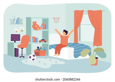 Little kid waking up in morning sunlight in home bedroom. Happy child in pajamas sitting on bed, boy stretching after waking up with yawn flat vector illustration. Daily routine, childhood concept