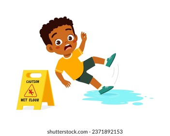 little kid walk on slippery wet floor