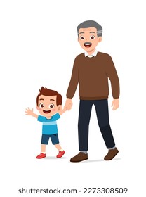 little kid walking with grandfather and feel happy