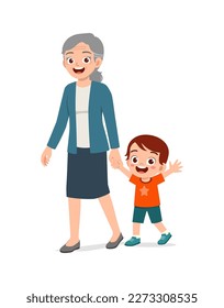 little kid walking with grandmother and feel happy