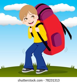 Little Kid Walking Outdoors Carrying A Huge And Heavy Red Backpack