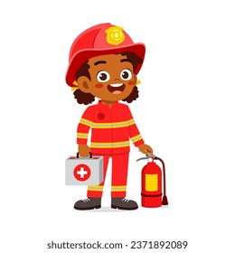 little kid waring fire fighter costume