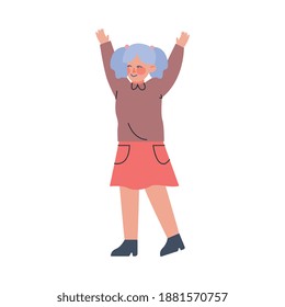 Little Kid in Warm Sweater Standing with Raising Arms Vector Illustration