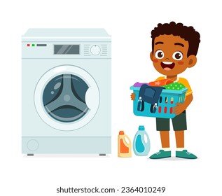 little kid wash dirty clothes using washing machine