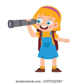 Little Kid watching through telescope. Little Girl standing and see using telescope. Learning Astronomy Activity Isolated Element Objects. Flat Style Icon Vector Illustration