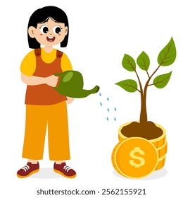 little kid watering money tree. Successful business concept. Vector flat design illustration. little kid watering plant with stack of coins underneath. money saving concept