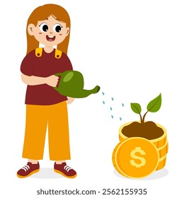 little kid watering money tree. Successful business concept. Vector flat design illustration. little kid watering plant with stack of coins underneath. money saving concept