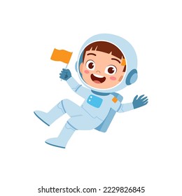 little kid wear astronaut costume and feel happy