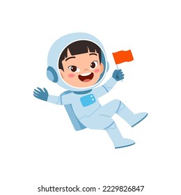 little kid wear astronaut costume and feel happy